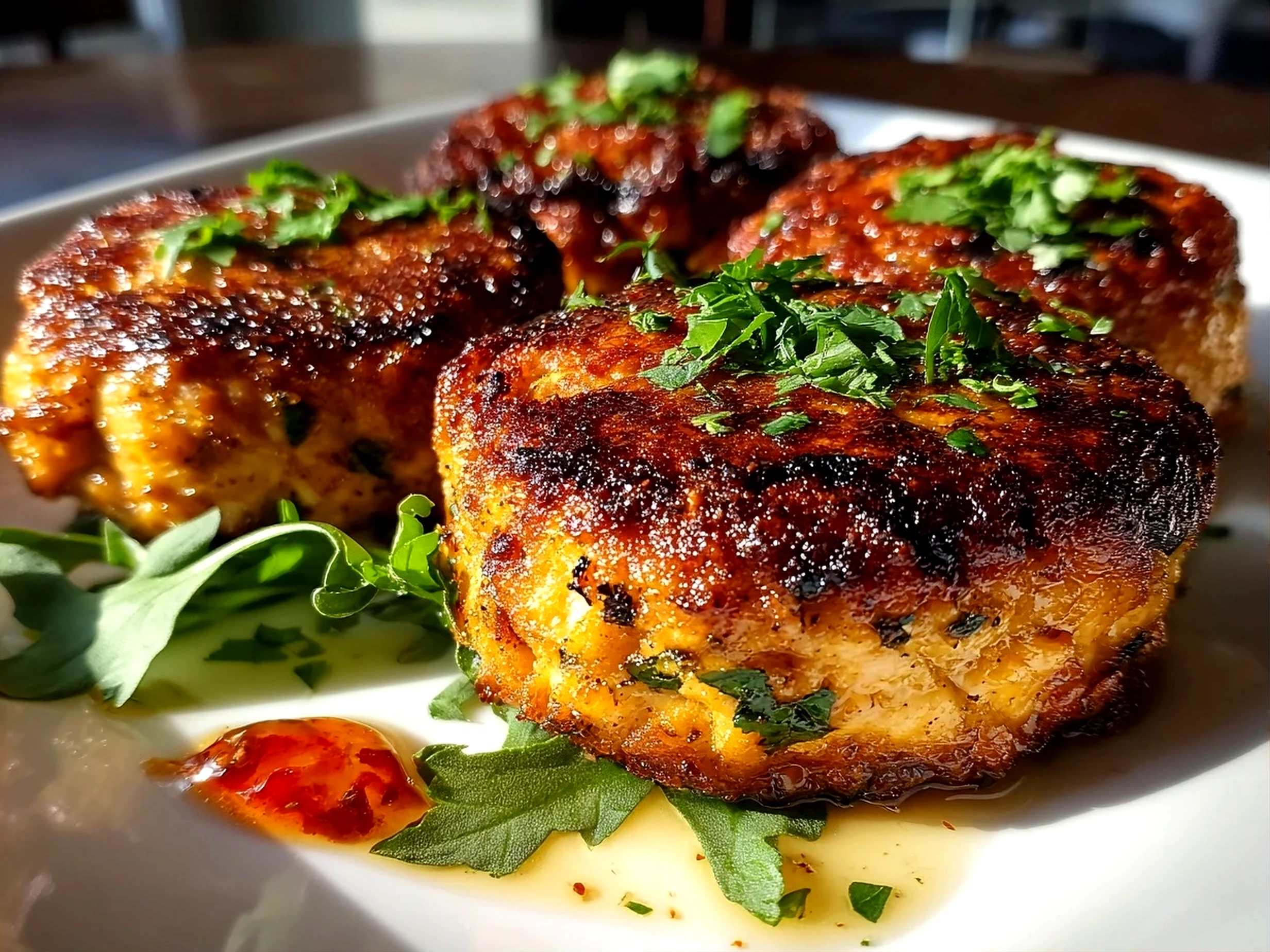 Home cooks, taken with iPhone 15 Pro. Close-up slight angle of homemade canned salmon cakes on white plate. Mouthwatering --ar 4:3 --style raw --s 240