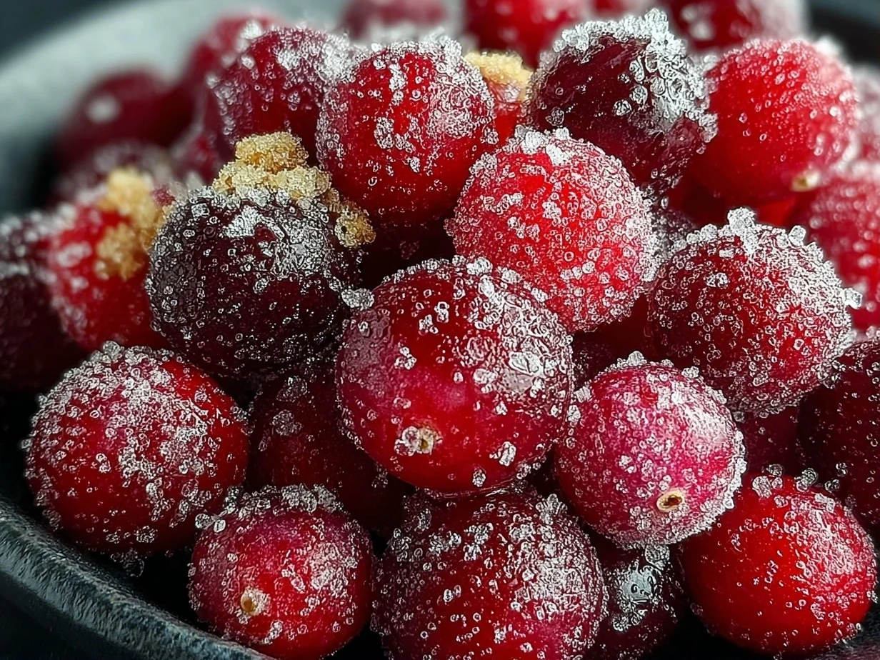 Close-up of homemade 3-Ingredient Sugared Cranberries sparkling with sugar coating
