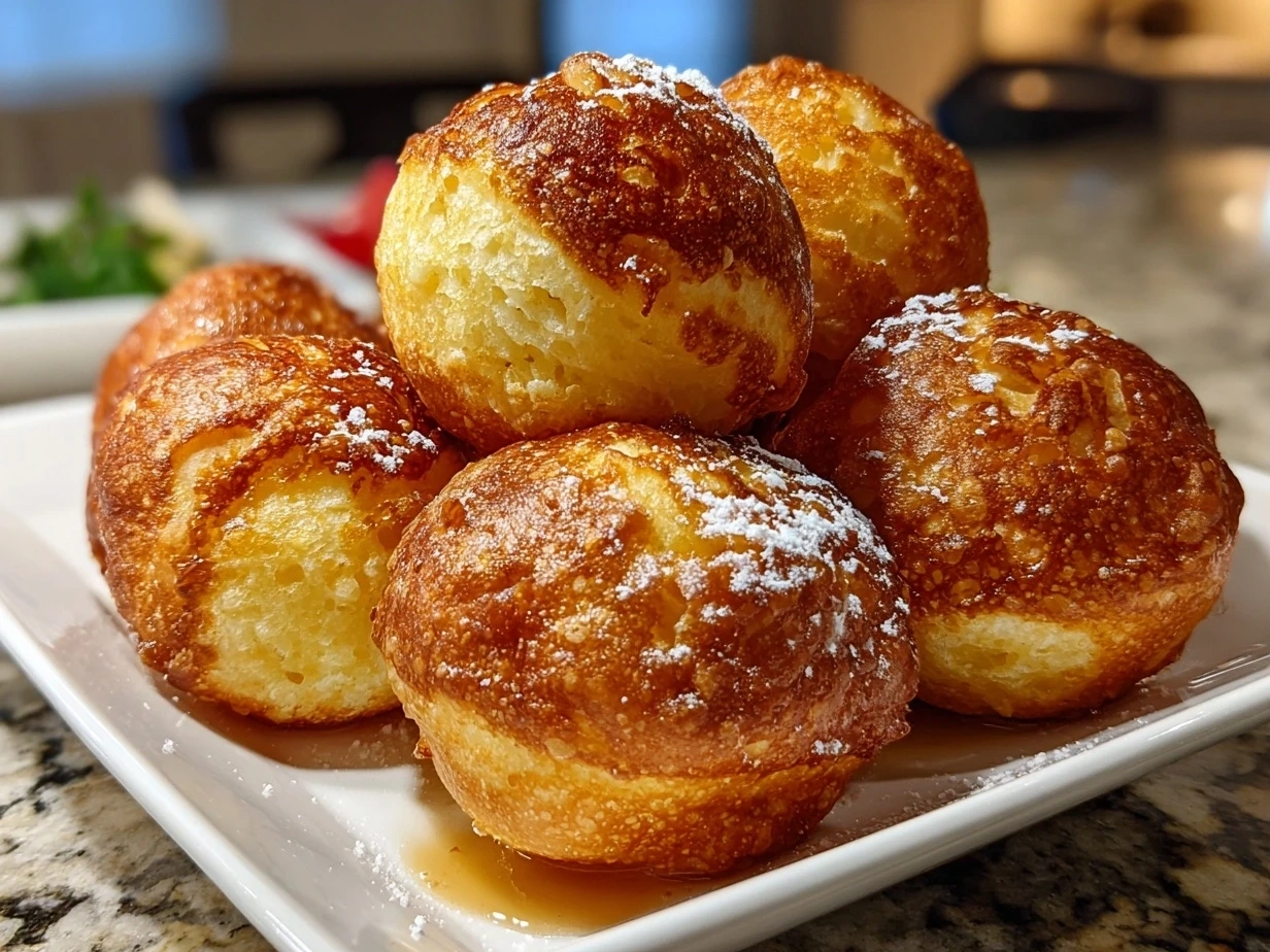 Finished Homemade Buñuelos dusted with cinnamon and sugar.