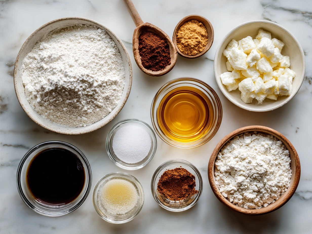 Ingredients for Homemade Buñuelos: flour, baking powder, salt, sugar, shortening, water, oil, and cinnamon.