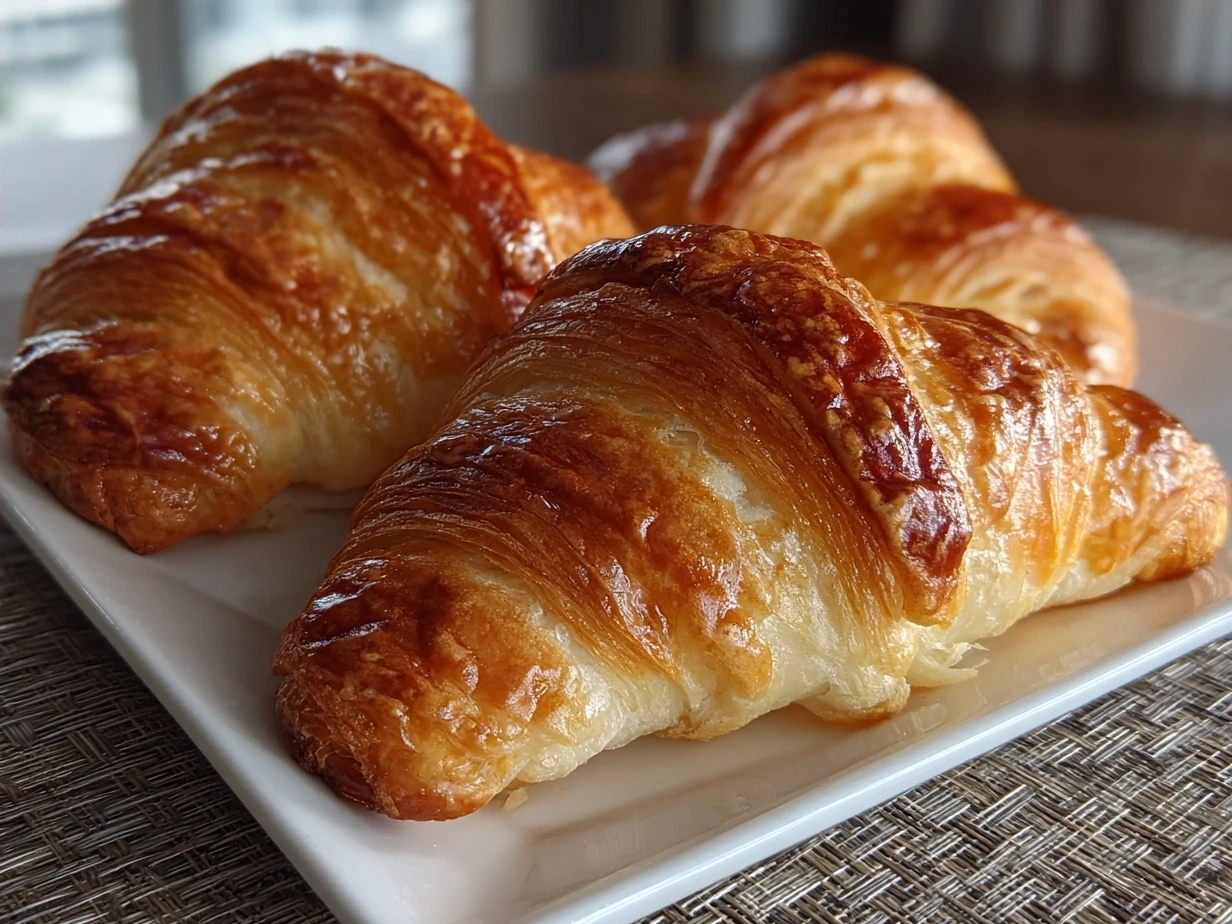 Freshly baked homemade chocolate croissants with golden flaky crust