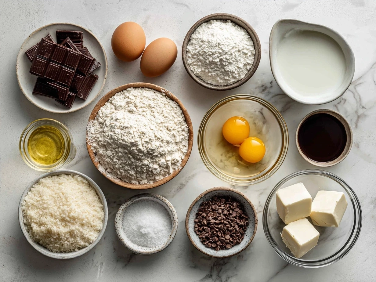 Ingredients for homemade chocolate croissants including flour, butter, chocolate, yeast, and milk