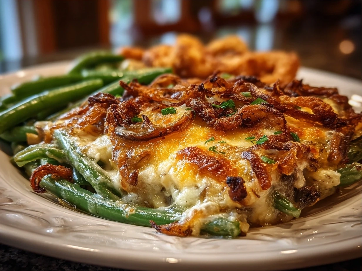 Delicious finished Homemade Green Bean Casserole ready to serve