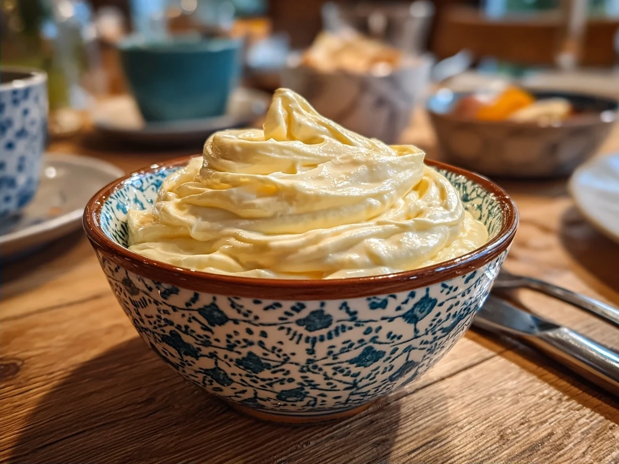 Final creamy homemade mayonnaise served in a bowl
