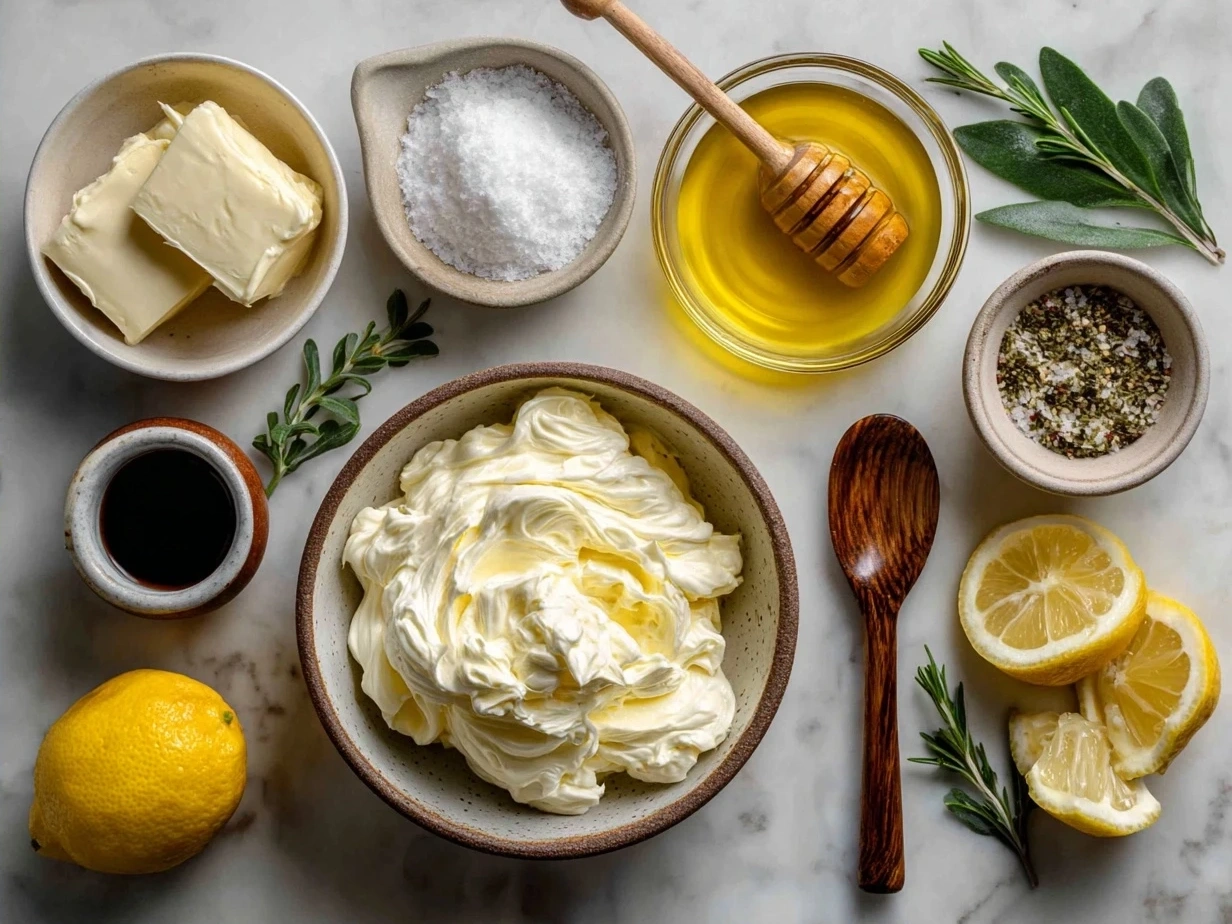 Ingredients for homemade mayonnaise including egg yolk, mustard, vinegar, oil, and spices