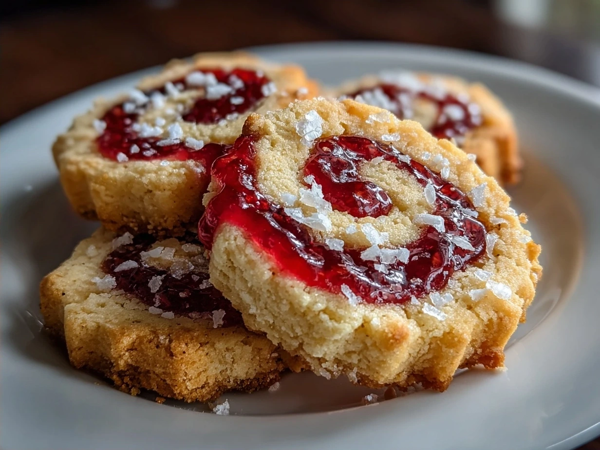 Close-up of homemade raspberry swirl shortbread cookies with visible raspberry jam swirls