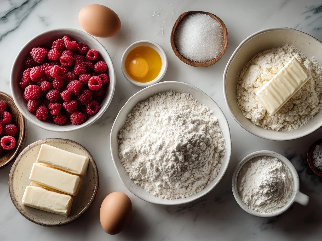 Ingredients for homemade raspberry swirl shortbread cookies laid out on a table