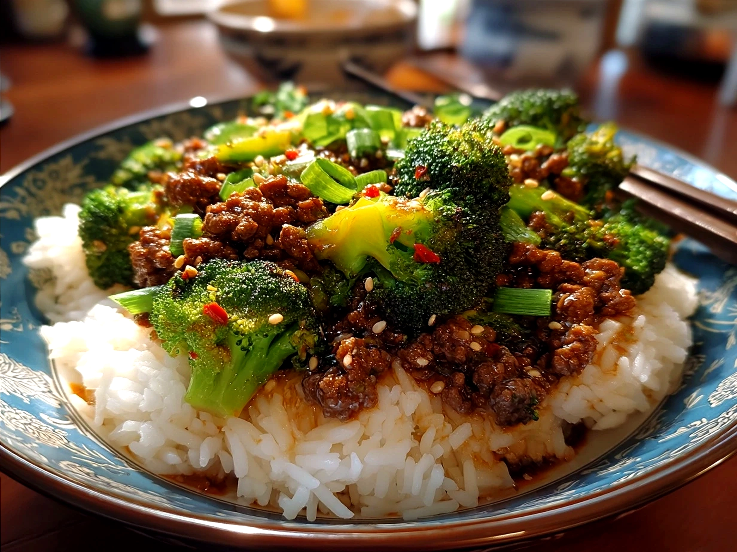 Serving of Honey Garlic Ground Beef and broccoli stir-fry with rice and garnishes