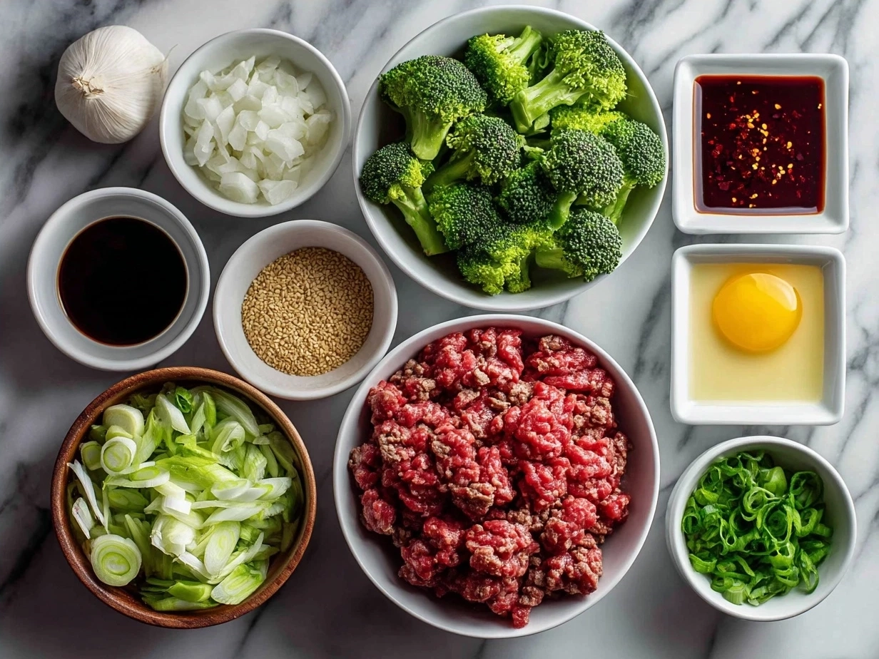 Ingredients for Honey Garlic Ground Beef and broccoli stir-fry on kitchen counter