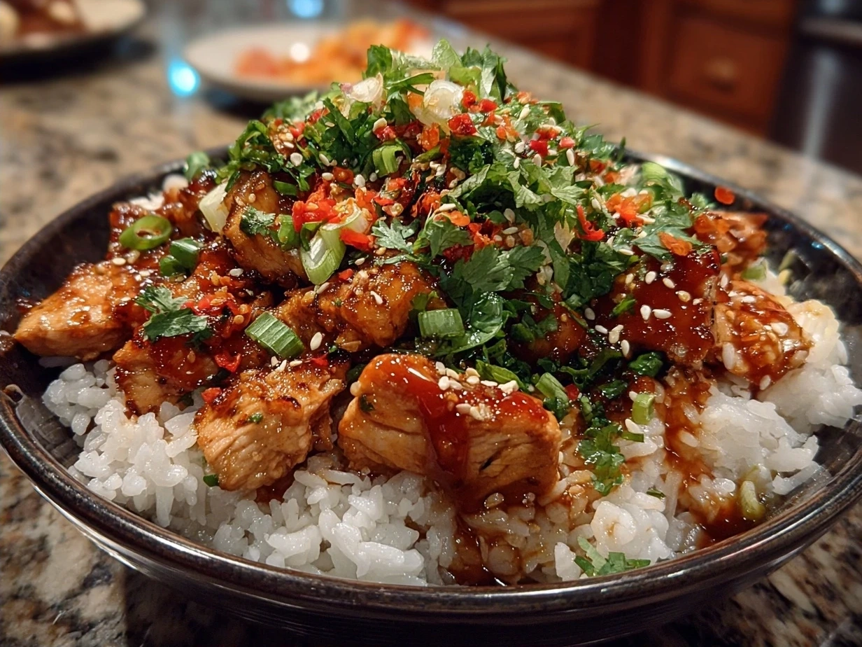 Completed Honey Sriracha Chicken Rice Bowls served with steamed broccoli and garnished with green onions and sesame seeds
