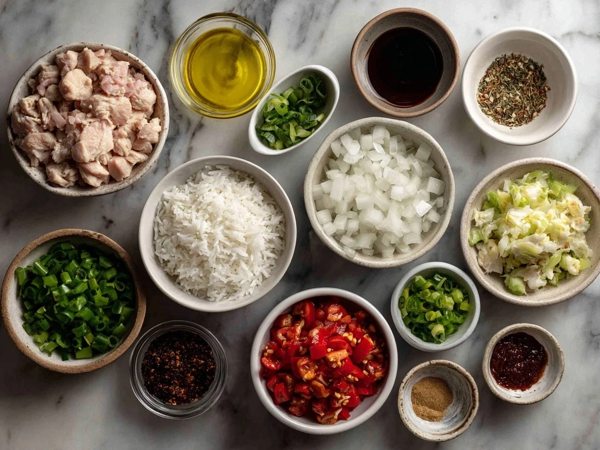 Ingredients for Honey Sriracha Chicken Rice Bowls including chicken thighs, honey, Sriracha sauce, soy sauce, rice vinegar, garlic, ginger, sesame oil, rice, broccoli, carrots, green onions, and sesame seeds