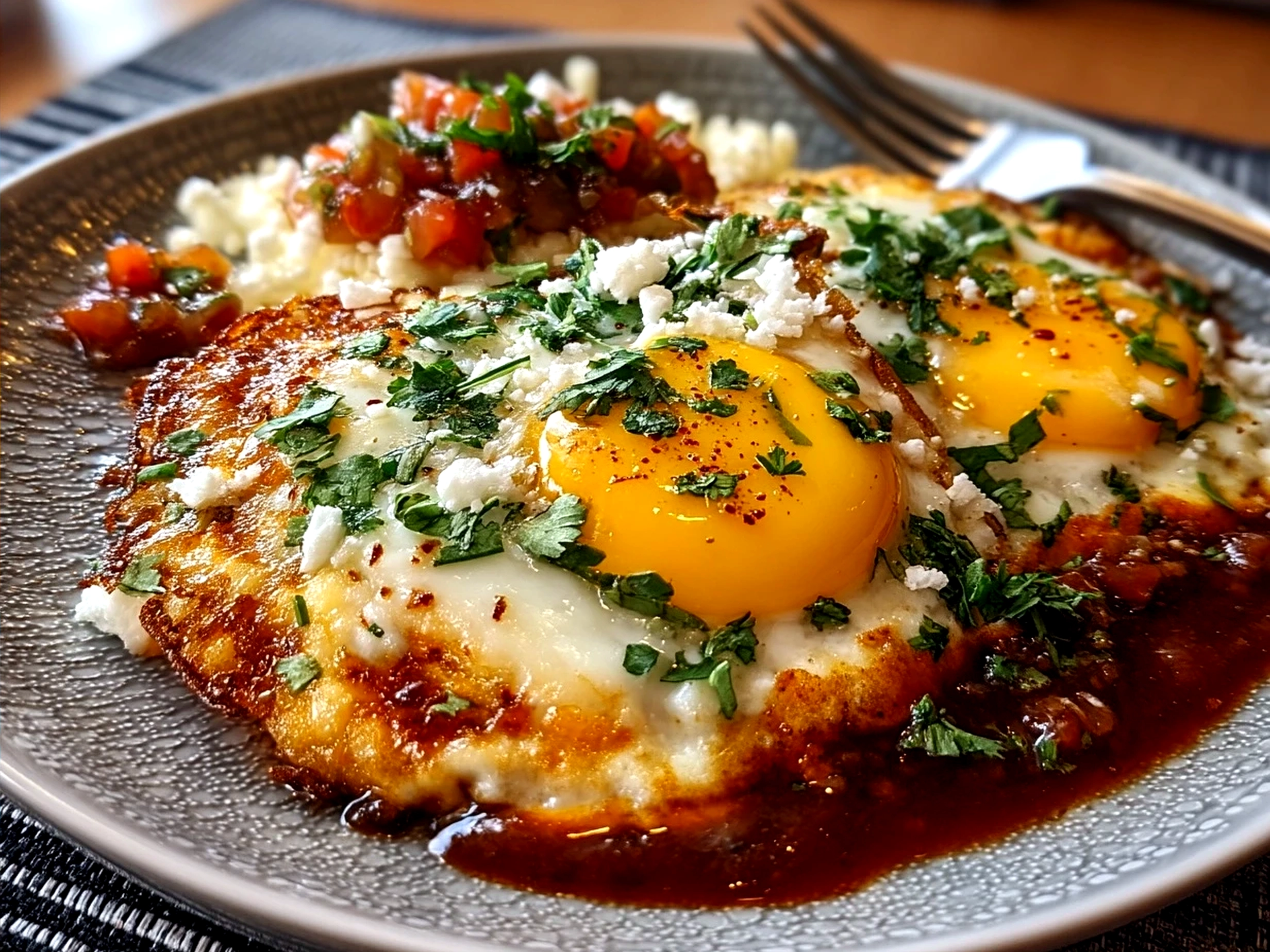 Plate of Huevos Rancheros served with avocado slices and sprinkled cheese