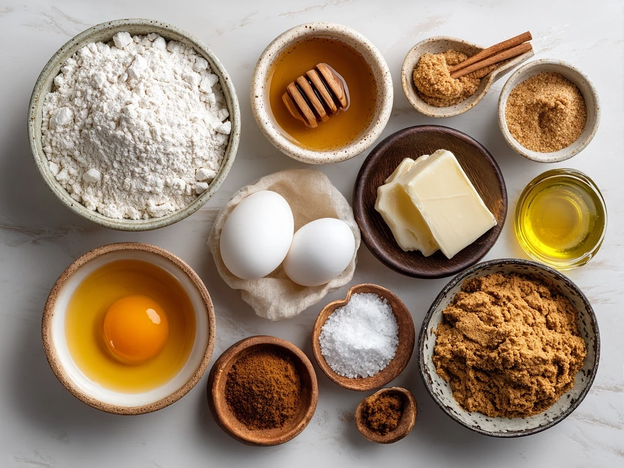 Ingredients for homemade soft peanut butter cookies including butter, sugar, peanut butter, eggs, and flour.