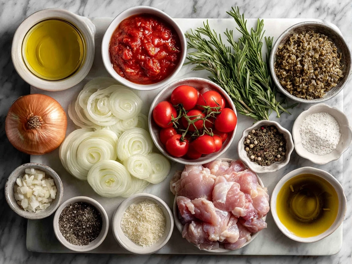 Ingredients for slow cooker chicken cacciatore recipe displayed on a kitchen counter