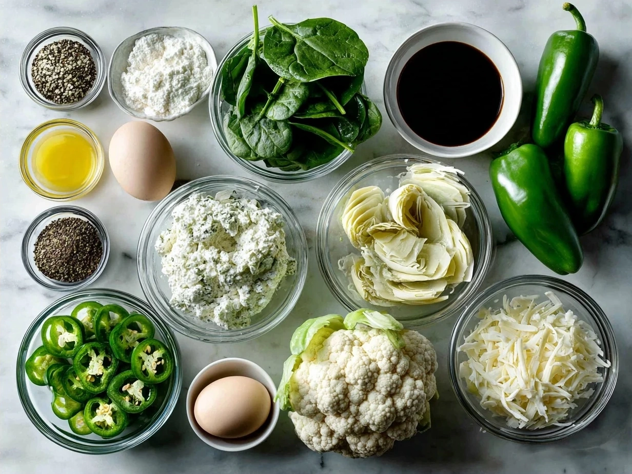 Ingredients for jalapeño spinach artichoke dip including cream cheese, jalapeños, spinach and cheeses