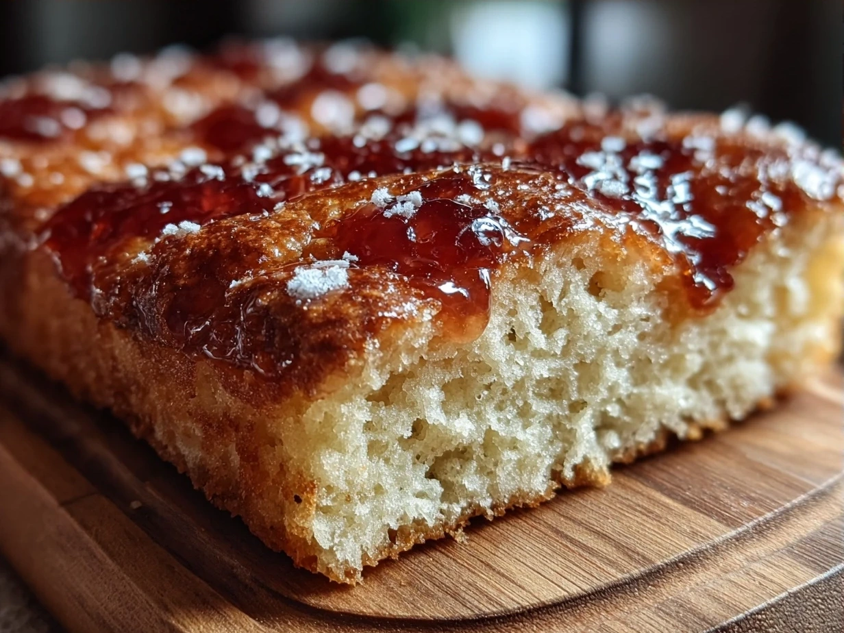 Finished jam donut focaccia bread dusted with powdered sugar on a rustic board