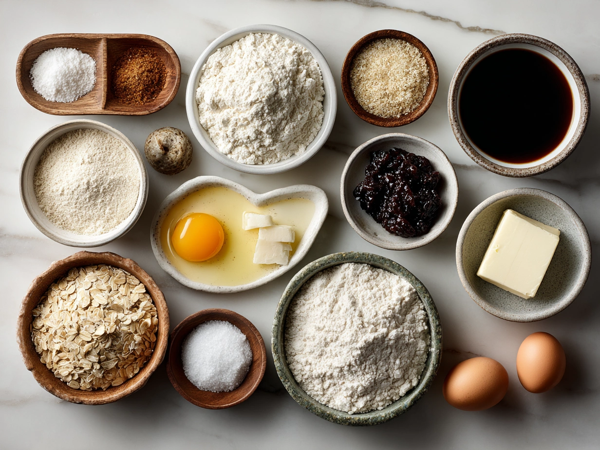 Ingredients for jam donut focaccia laid out showing flour, eggs, jam, and butter