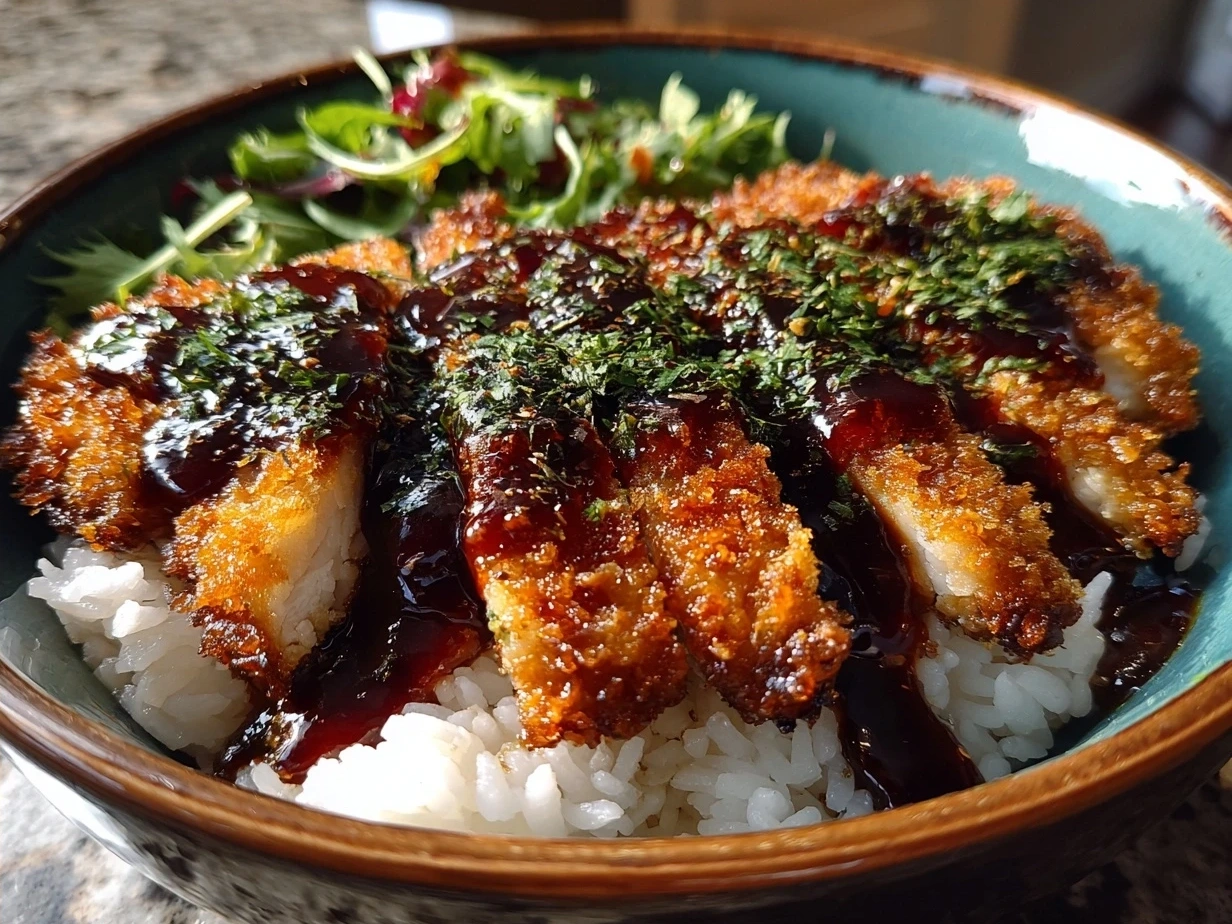 Final plated Japanese Katsu Bowls with crispy cutlets, tonkatsu sauce, shredded cabbage, and rice