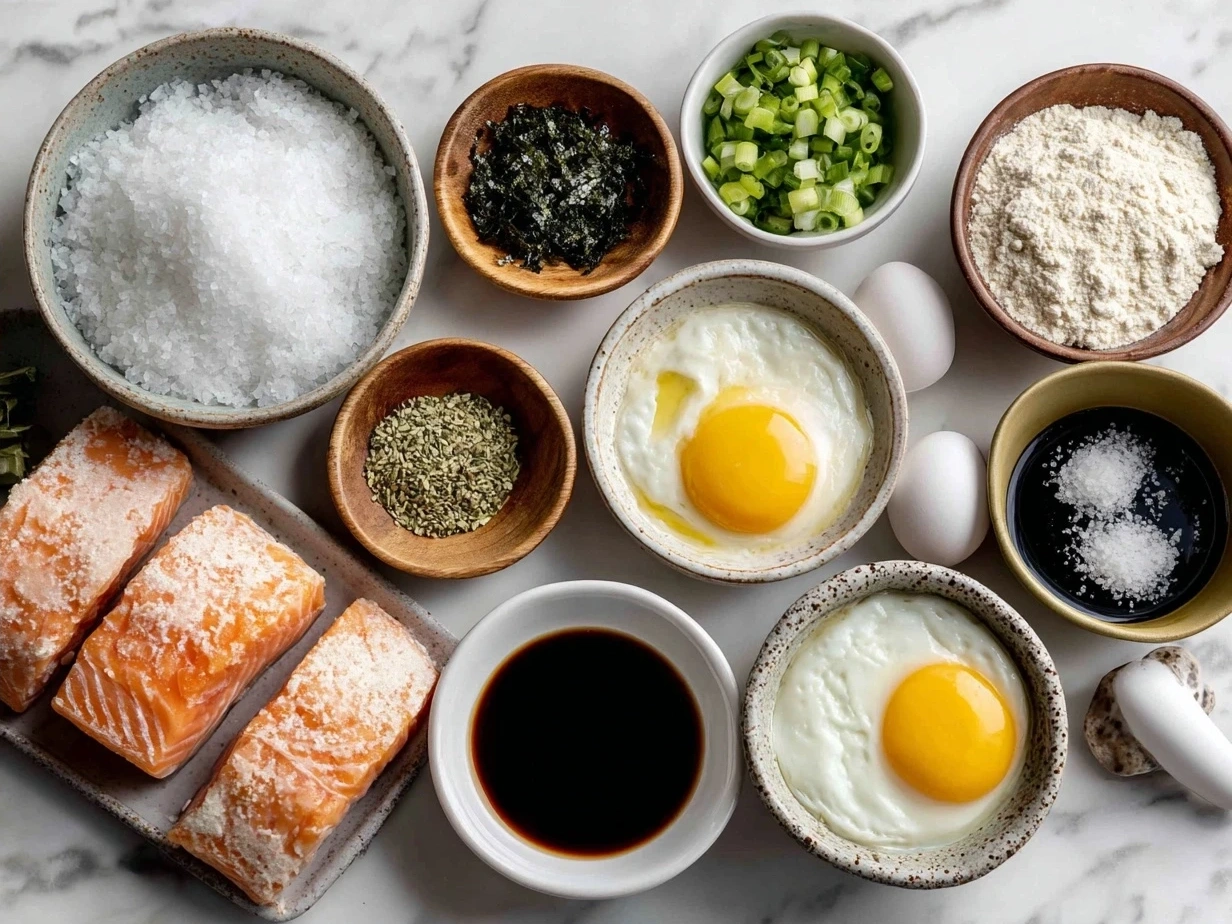 Ingredients for Japanese Katsu Bowls recipe including chicken cutlets, panko breadcrumbs, eggs, shredded cabbage, cooked rice, and sauce components