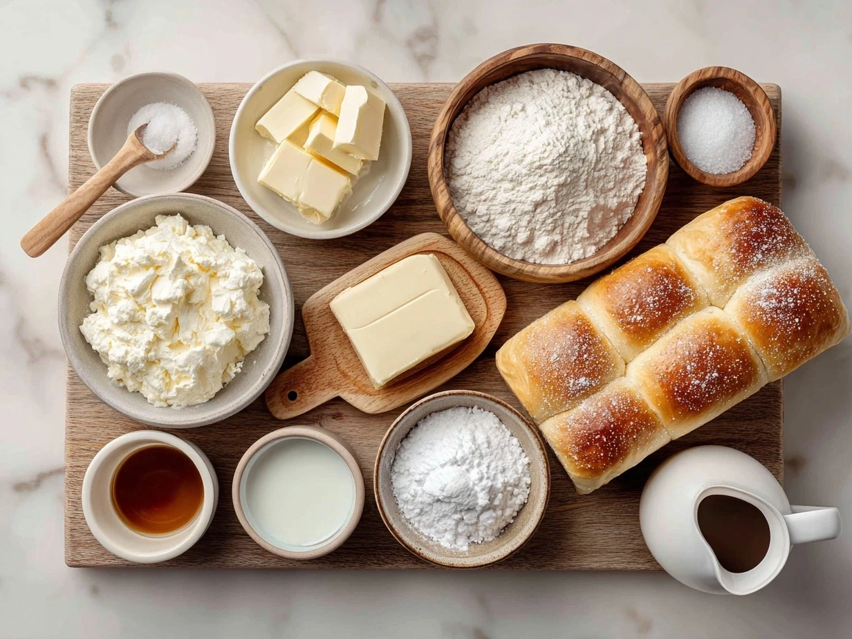 Ingredients for Japanese Milk Bread Rolls arranged on a table