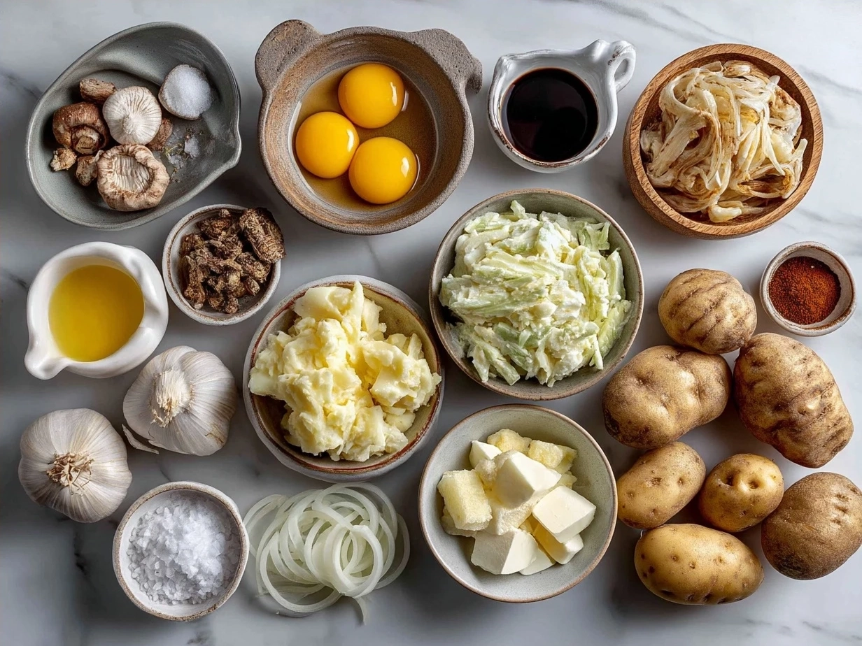 Ingredients for Japanese Potato Salad including potatoes, carrots, cucumber, and Kewpie mayo