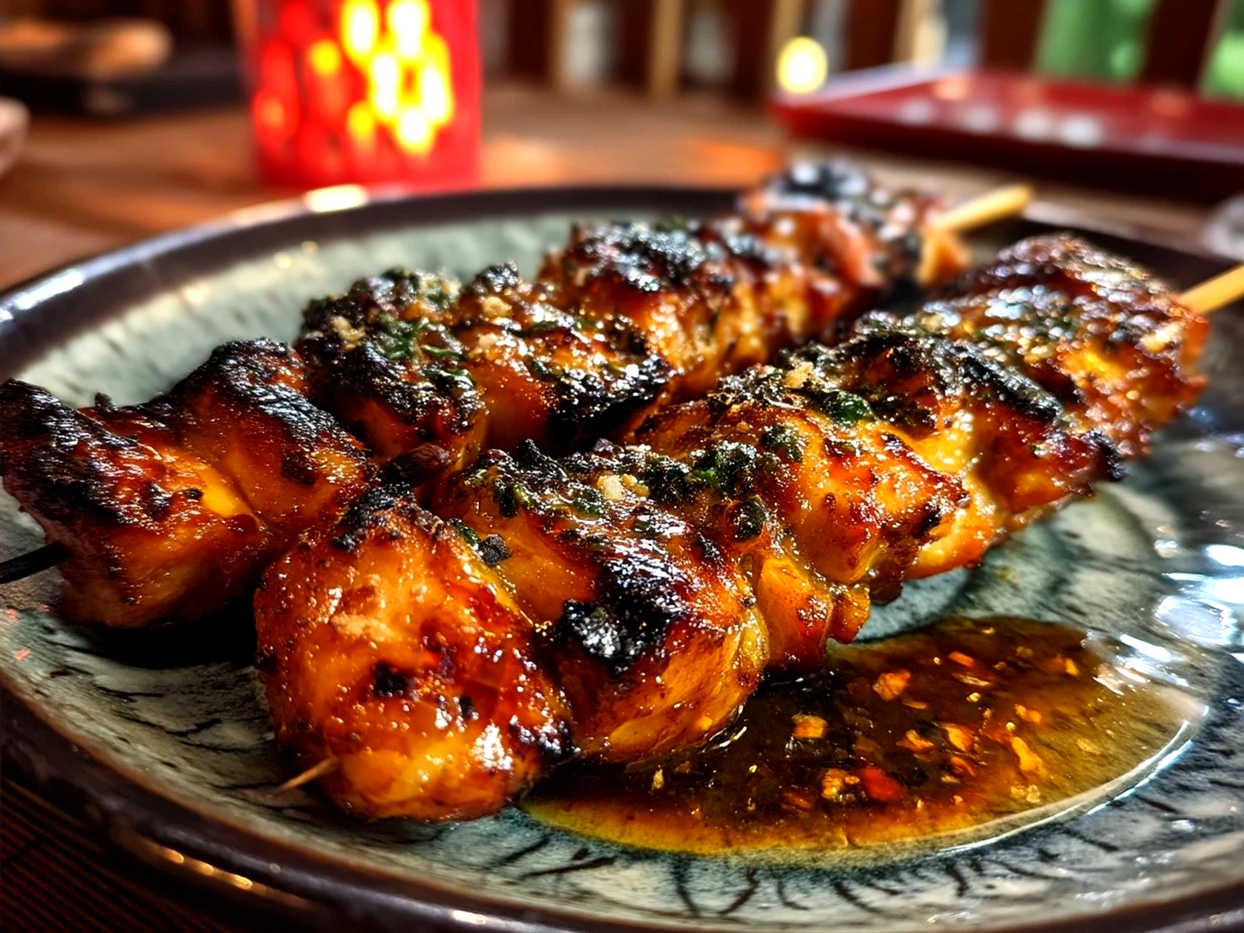 Finished Japanese Yakitori Grilled Chicken served with green onions and sides