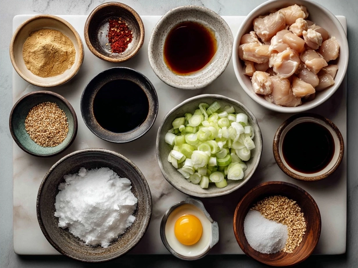 Ingredients for Japanese Yakitori Grilled Chicken including chicken thighs, soy sauce, mirin, sake, brown sugar, garlic, ginger, green onions, and bamboo skewers