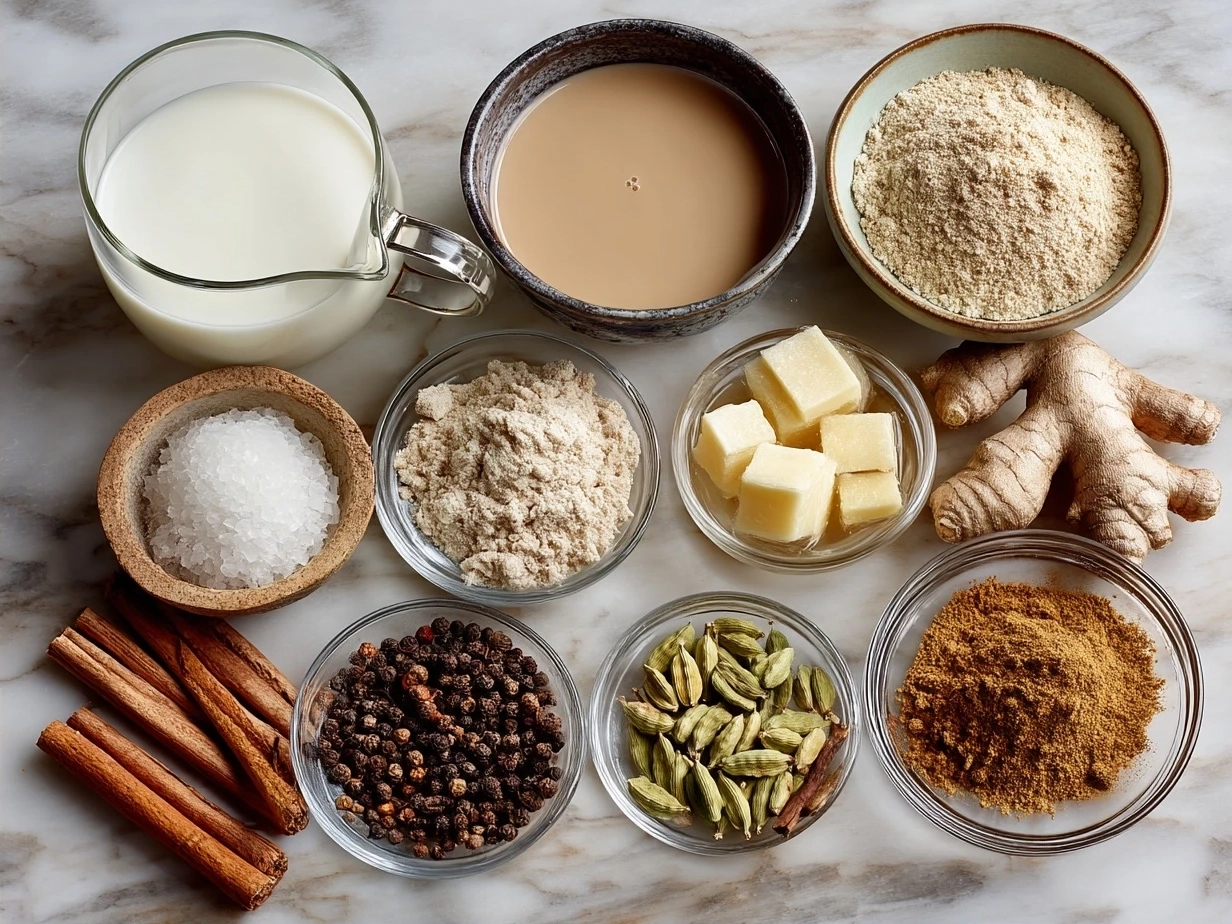 Ingredients for making Kashmiri Pink Chai laid out on a kitchen counter