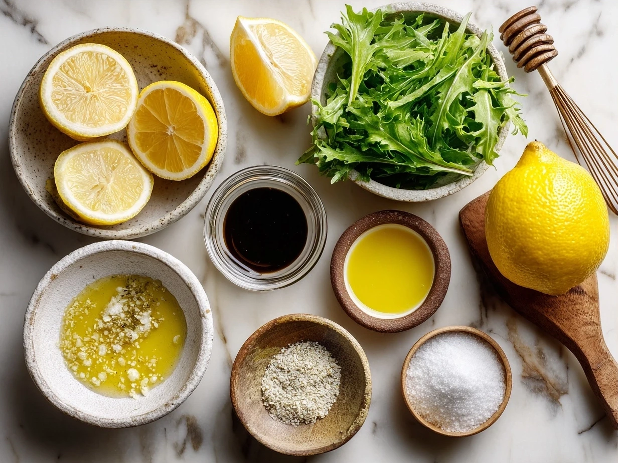 Fresh ingredients for Lemon Vinaigrette including lemon, olive oil, mustard and garlic