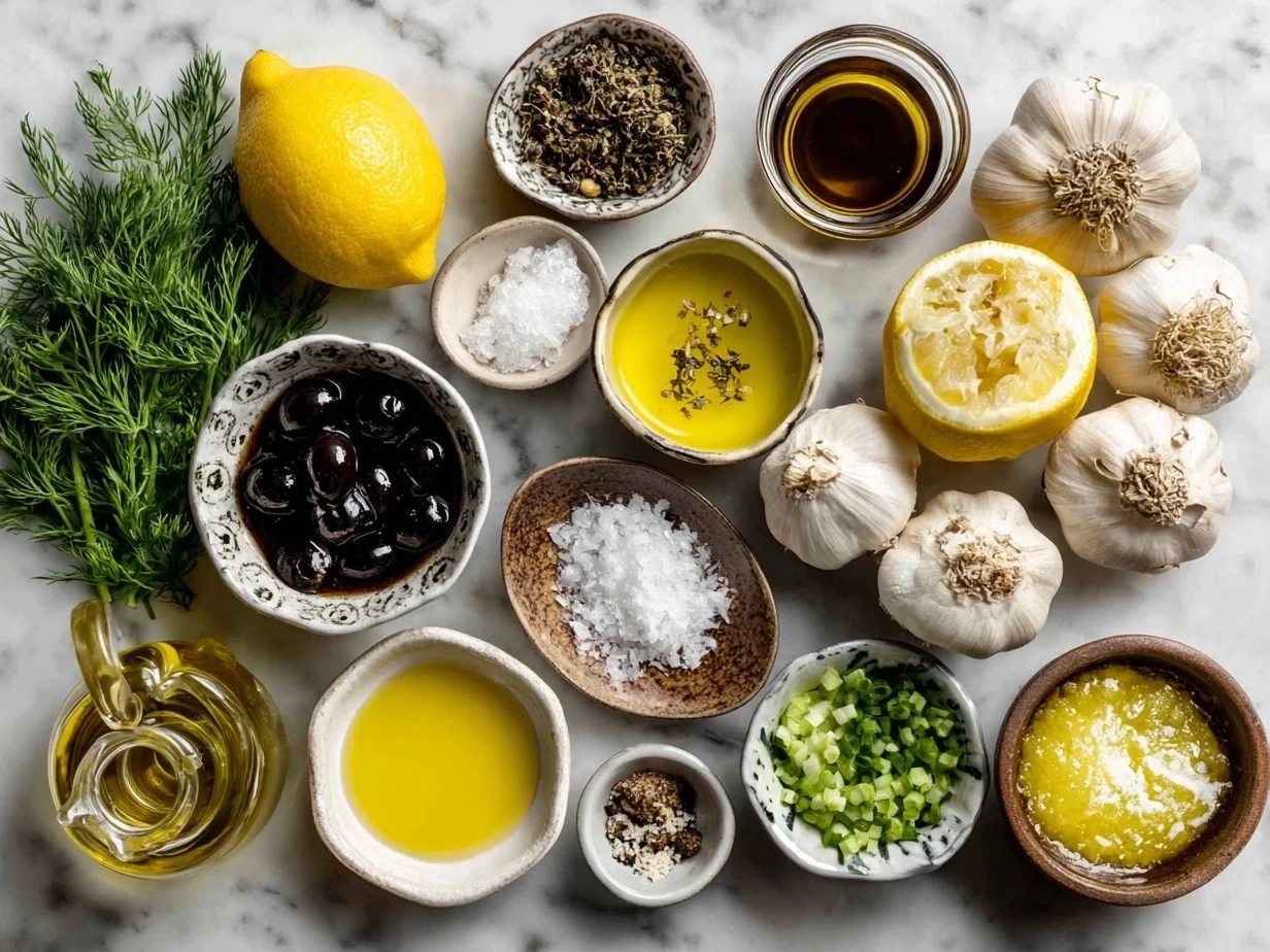 Assorted fresh ingredients for Lemon Vinaigrette Dressing including lemons, olive oil, mustard, and garlic.