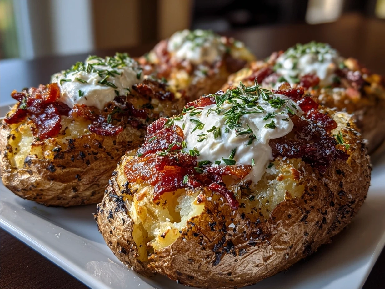 A close-up of two perfectly golden loaded baked potatoes, generously stuffed with creamy filling, melted cheese, crumbled bacon, and fresh chives, ready to be served.