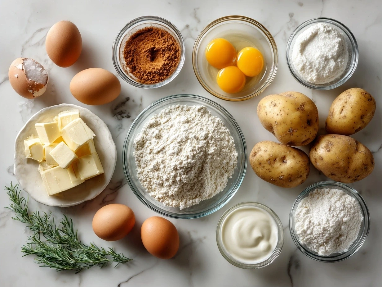 An overhead shot of all the ingredients for loaded baked potatoes, including Russet potatoes, bacon, cheeses, sour cream, milk, butter, garlic, and chives, neatly arranged on a wooden board.