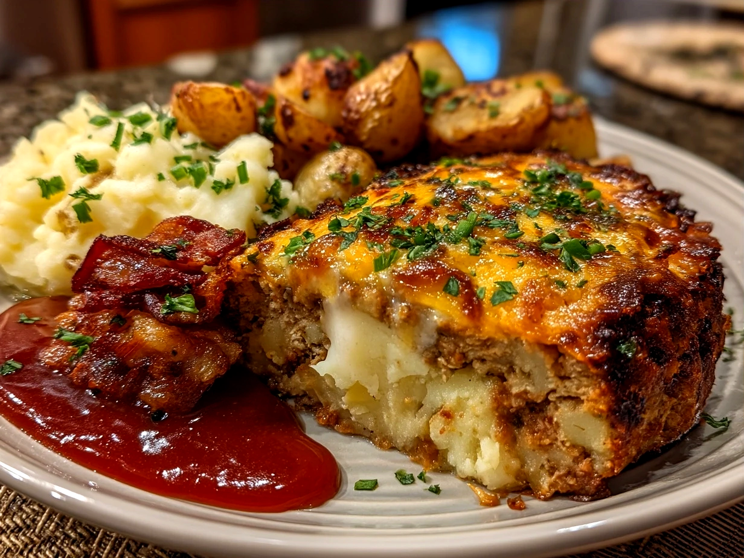 Serving Loaded Potato Meatloaf with roasted vegetables on a plate