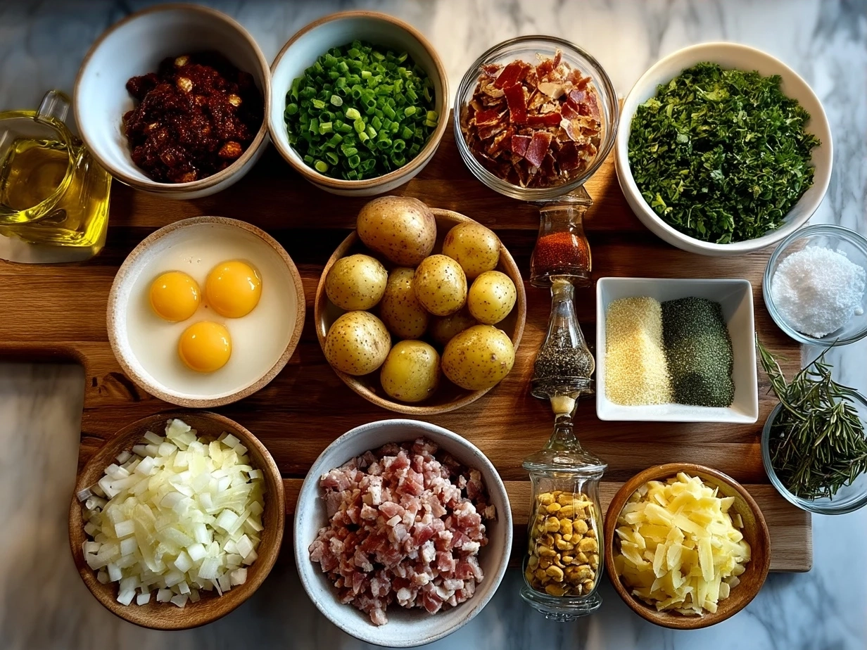 Ingredients for Loaded Potato Meatloaf laid out on kitchen counter