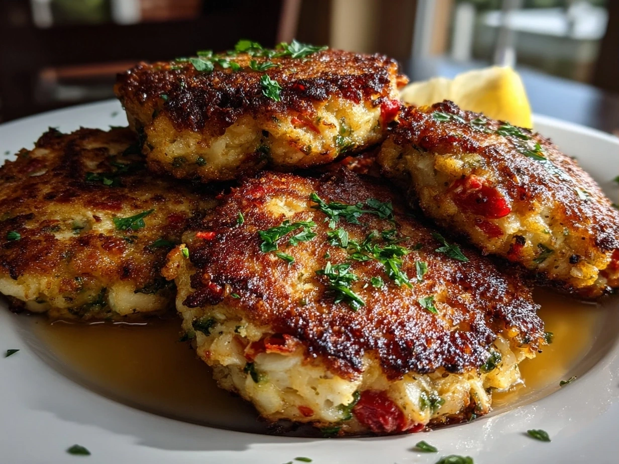 Perfectly cooked Maryland Crab Cakes served with sauce and garnish