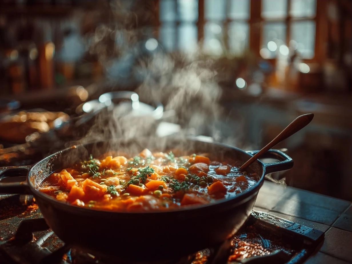 Serving bowl of hearty Minestrone Soup garnished with fresh herbs and Parmesan