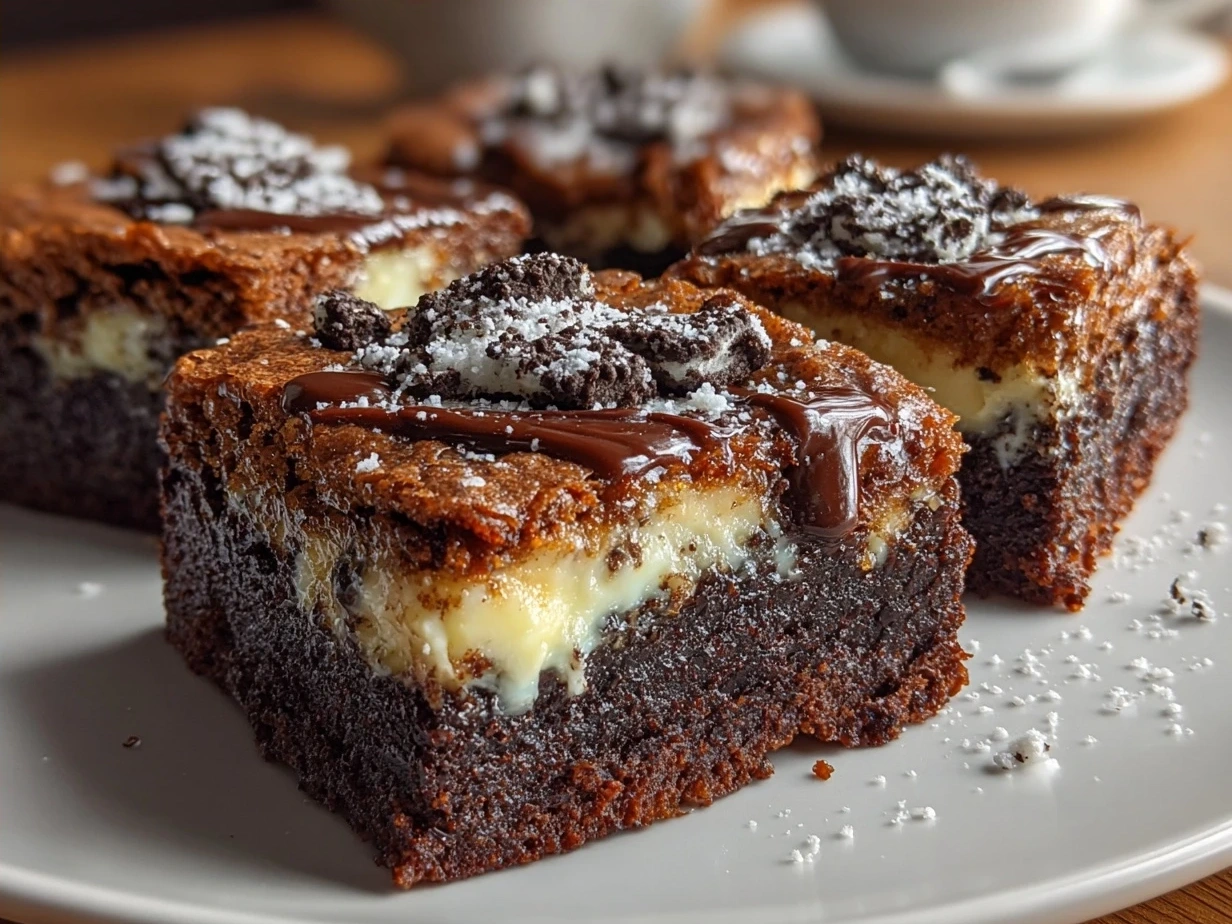 Finished Mint Oreo Brownies with crunchy Oreo topping and gooey brownie base