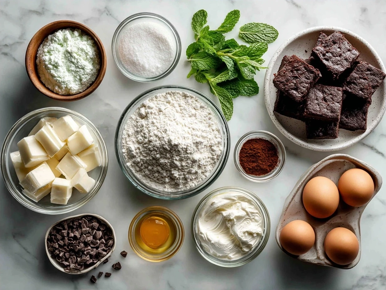 Ingredients for Mint Oreo Brownies including butter, sugar, eggs, vanilla, flour, cocoa powder, salt, crushed Mint Oreos, and chocolate chips