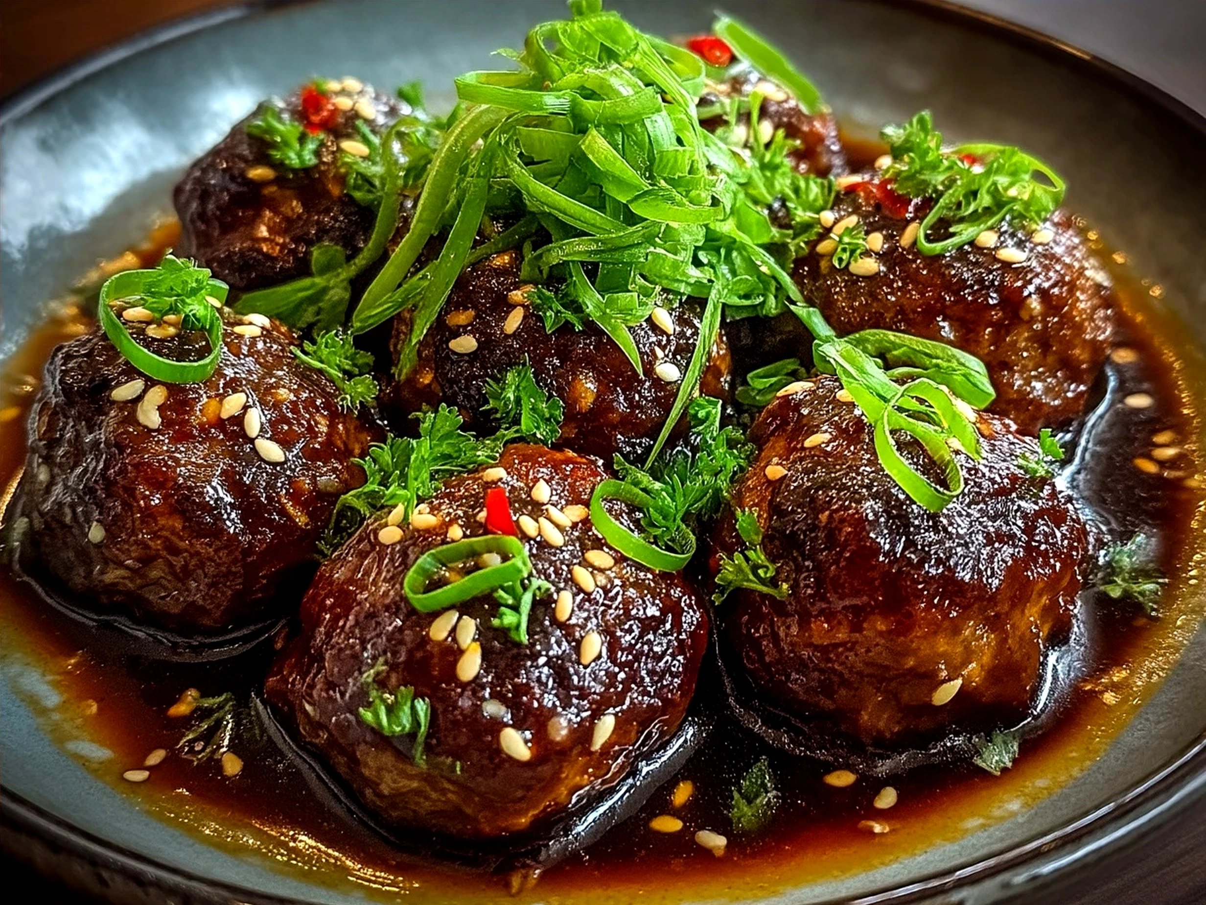Served Mongolian Meatballs over rice garnished with green onions and sesame seeds