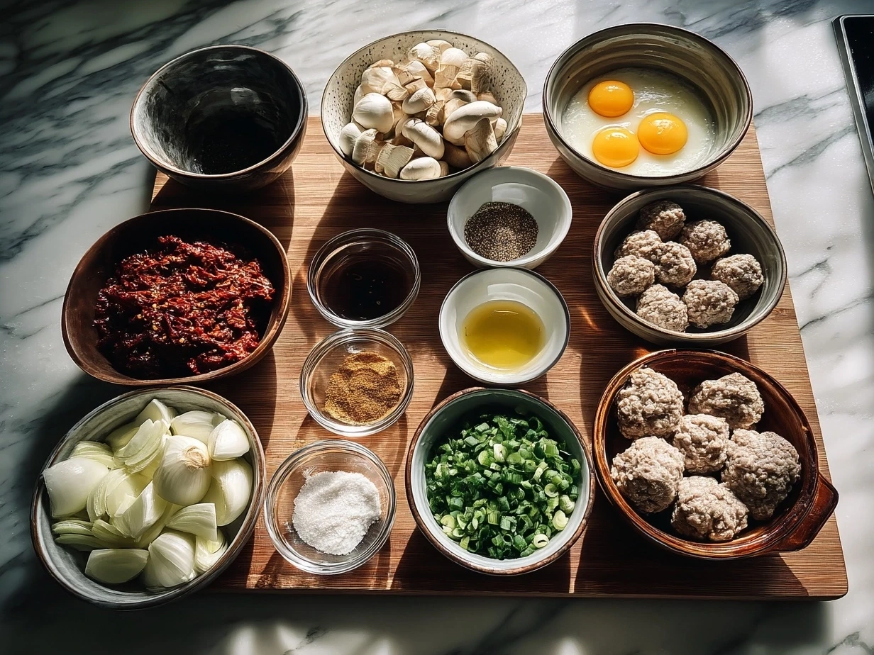Ingredients for Mongolian Meatballs laid out on a countertop