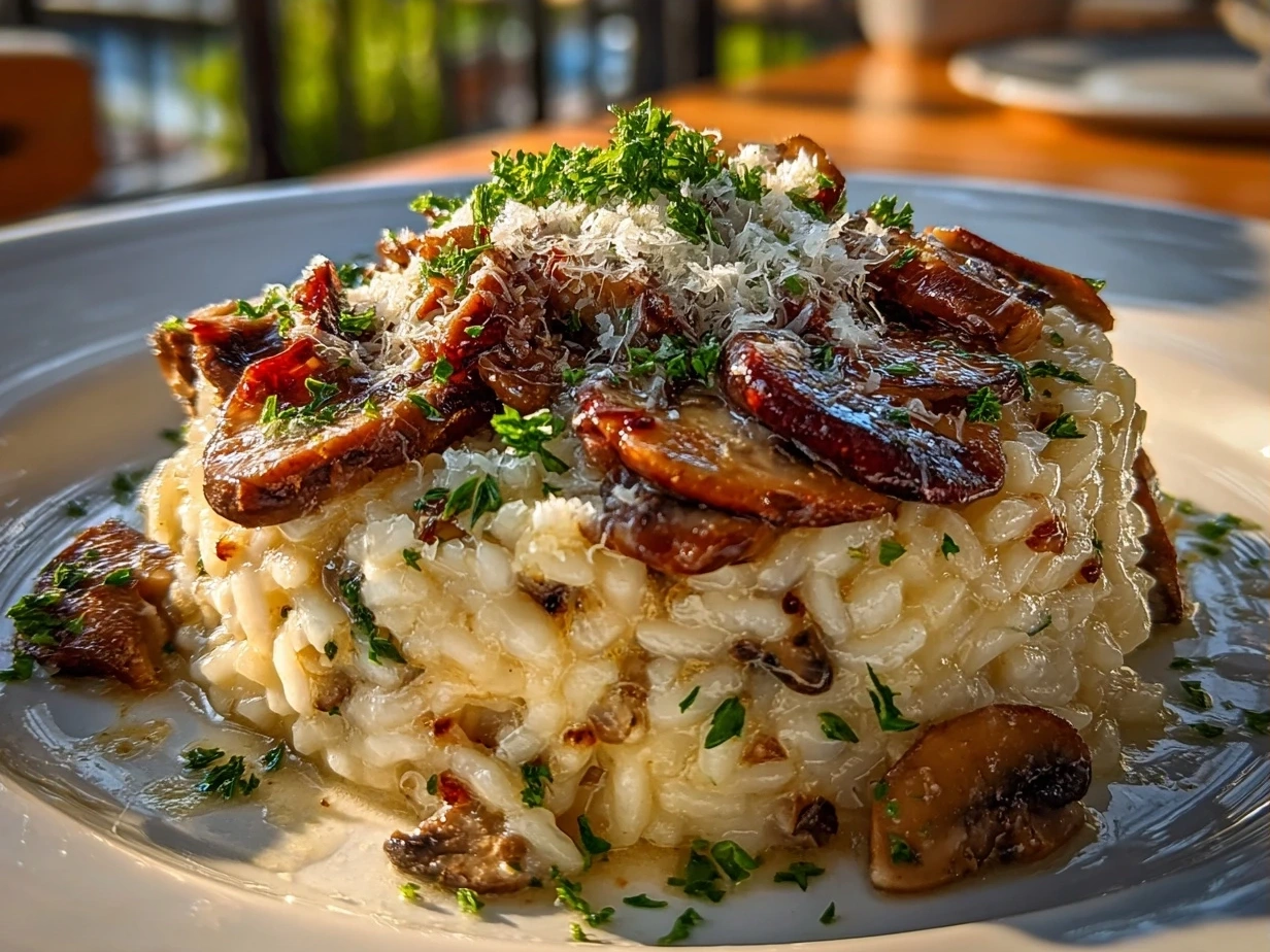 Finished mushroom risotto dish garnished with parsley and parmesan