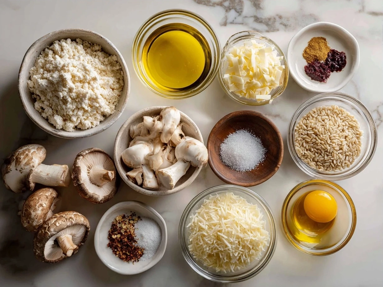 Ingredients for mushroom risotto including mushrooms, onion, garlic, rice, broth, and parmesan