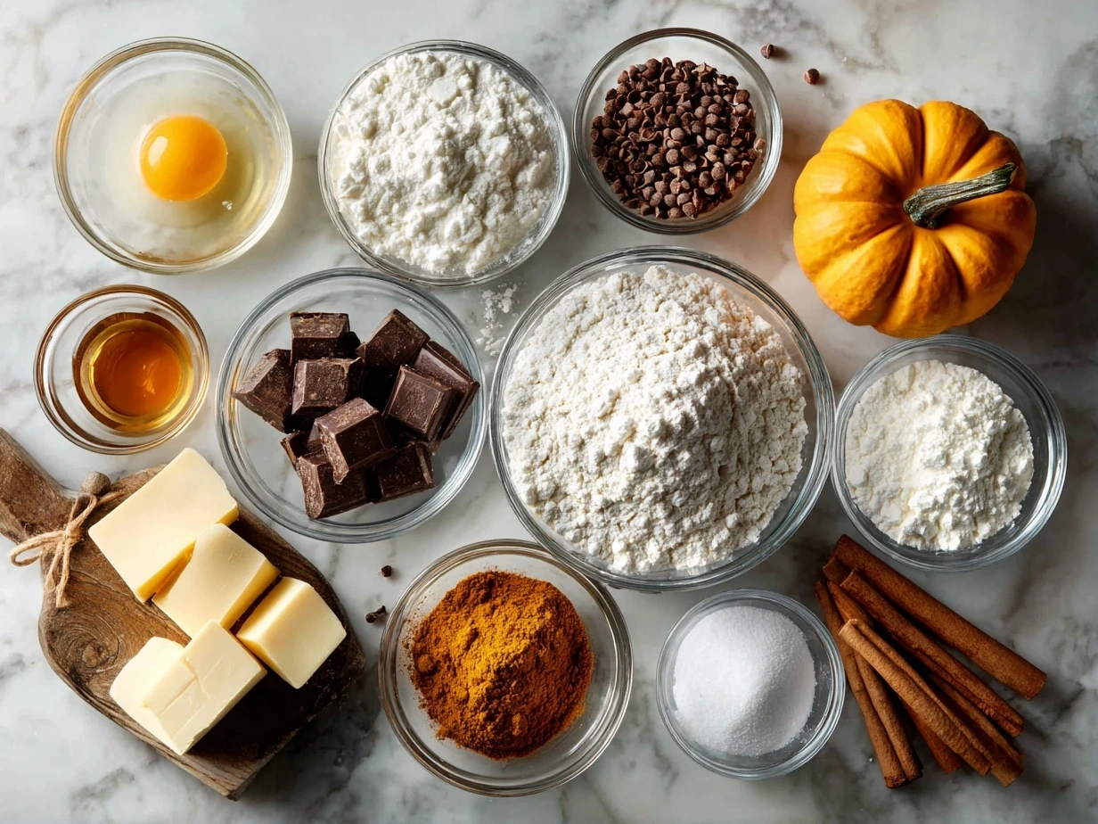 Ingredients for making a pumpkin roll, neatly arranged on a kitchen counter.