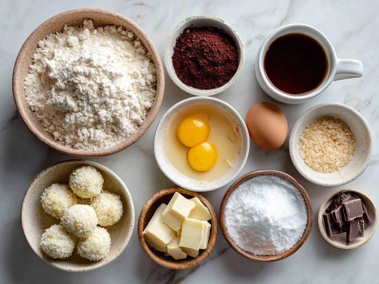 Ingredients for No-Bake Red Velvet Snowball Truffles including cream cheese, powdered sugar, cake crumbs, and white chocolate chips