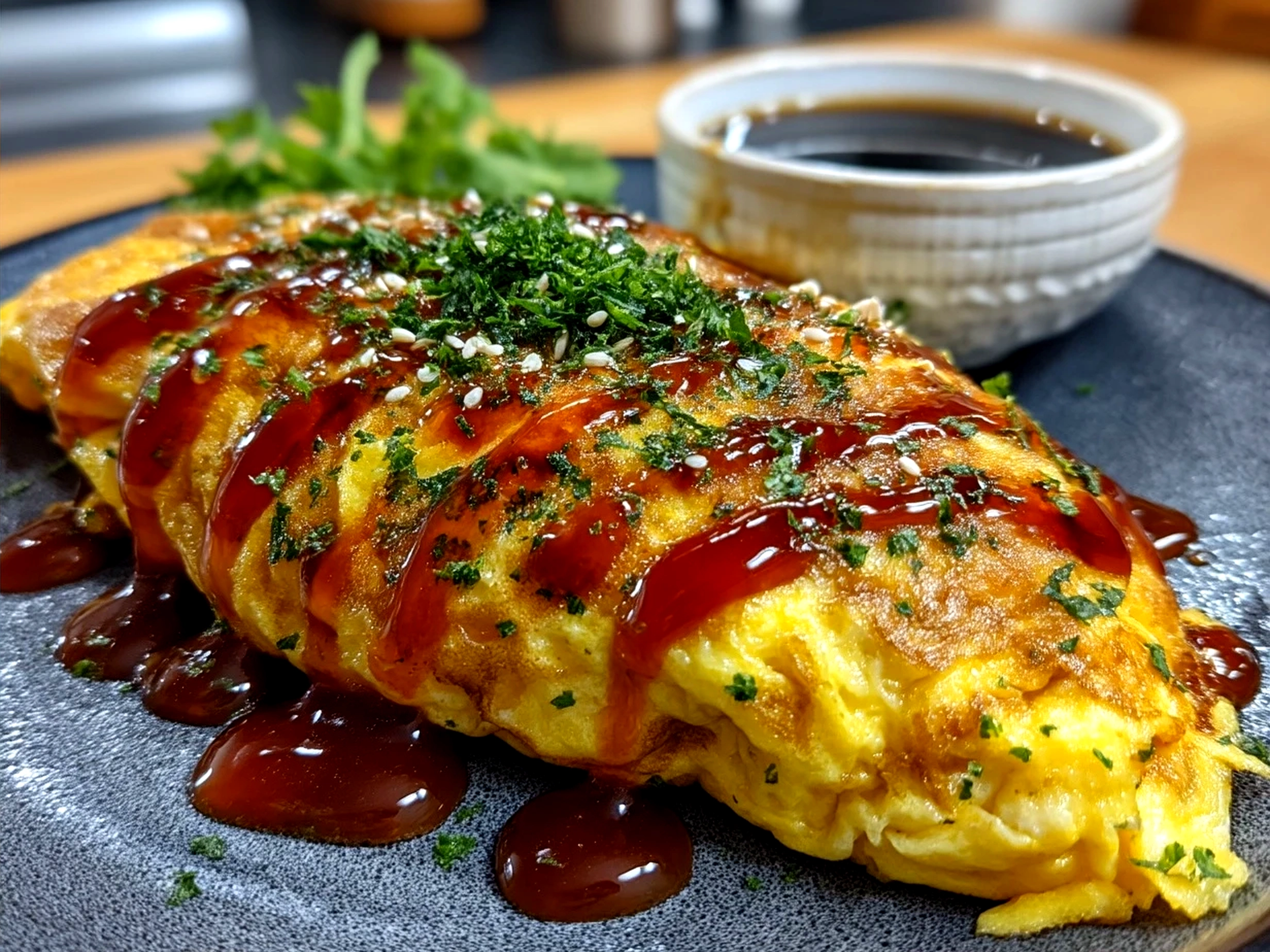 Served Omurice Japanese Rice Omelet with garnish and sides