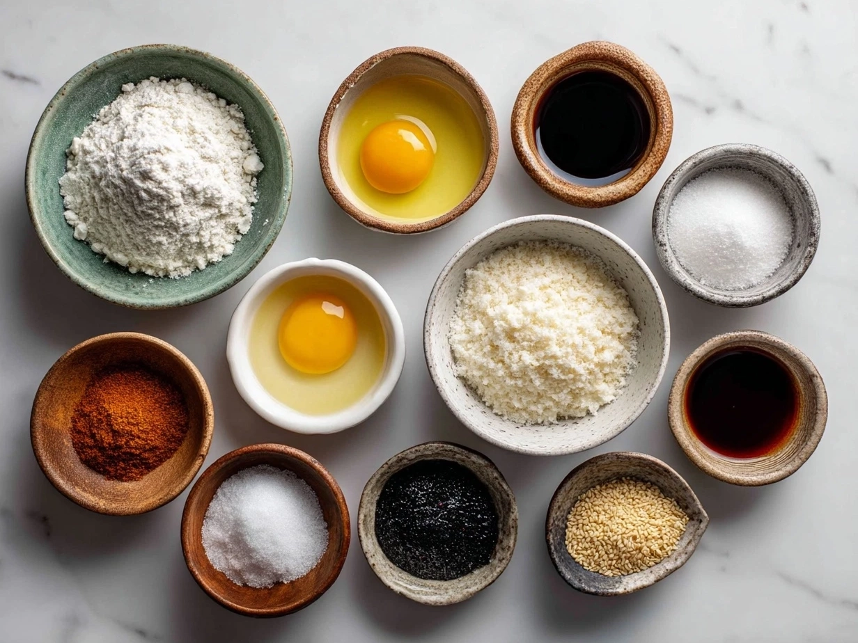 Ingredients for Omurice Japanese Rice Omelet including eggs, rice, chicken, vegetables and sauces