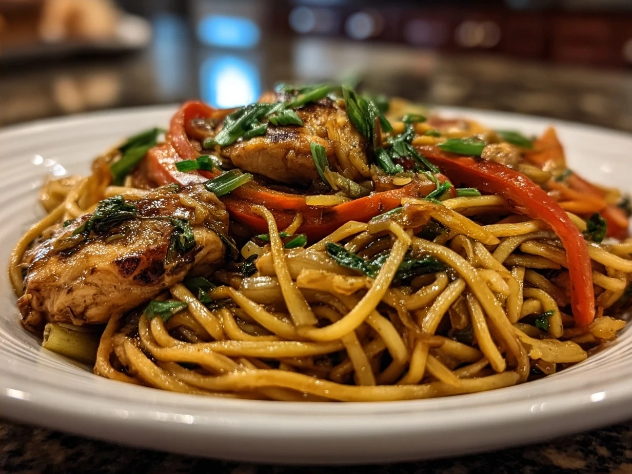 Finished One-Pan Chicken Lo Mein in a skillet ready to serve