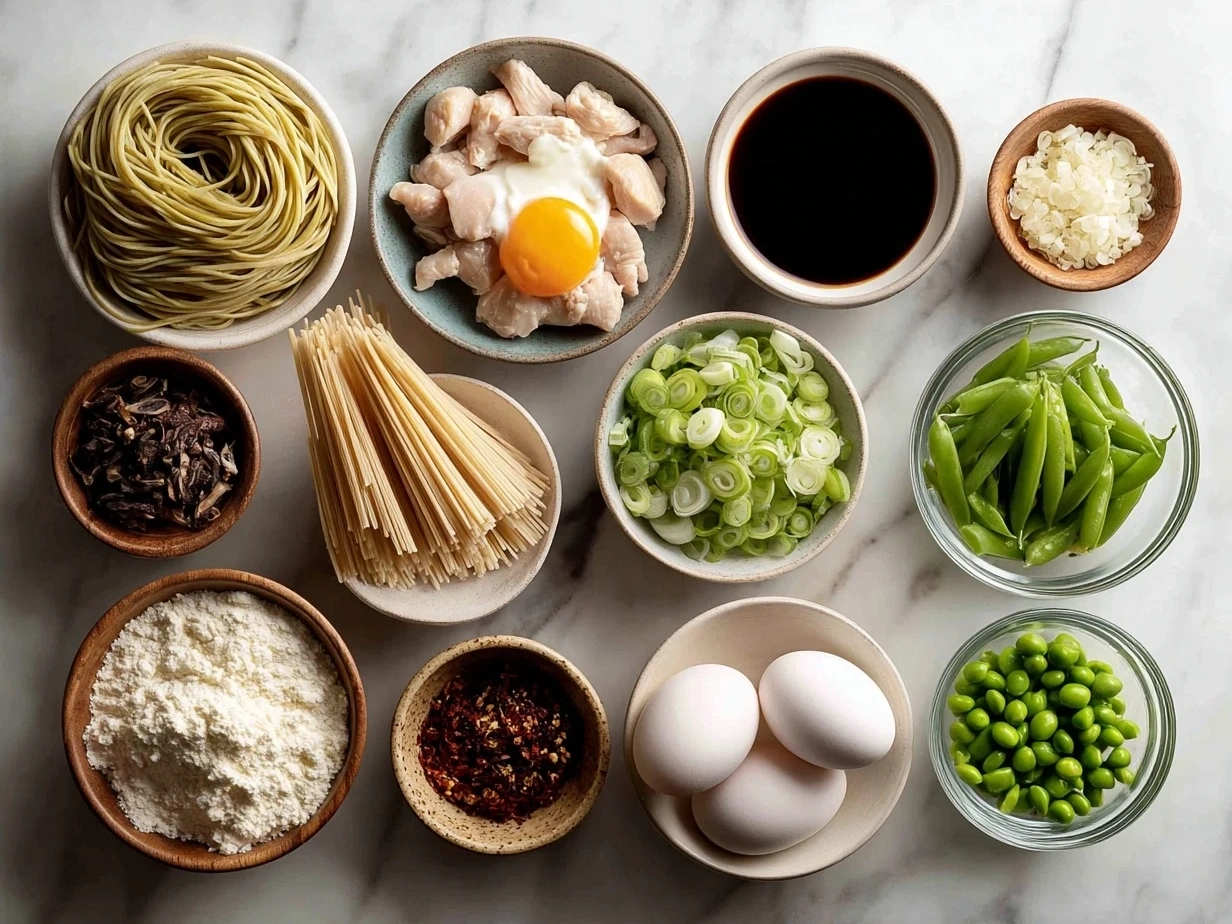 Ingredients for One-Pan Chicken Lo Mein laid out on a table including noodles, chicken, veggies, and sauces