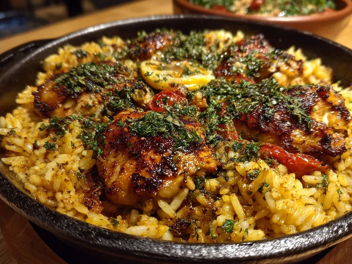 One-Pot Chicken and Rice with Olive Gremolata served with fresh lemon and greens