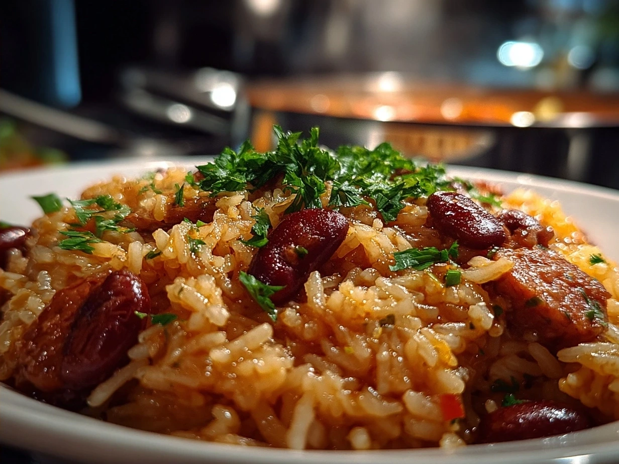 Finished one-pot red beans and rice served in a bowl garnished with green onions and sausage